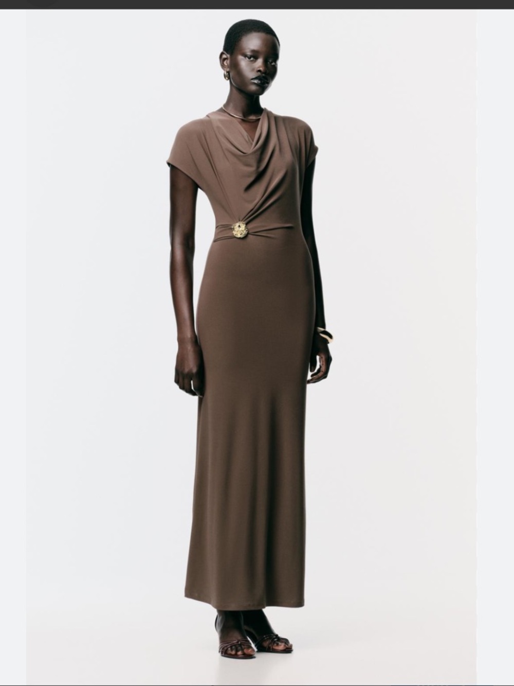 Zara Chocolate Brown Draped Maxi Dress with Gold Accent